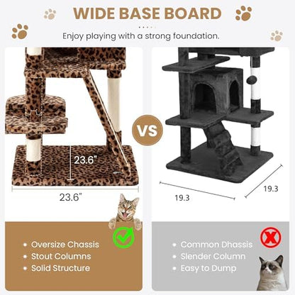 SHA CERLIN 65in Larger Cat Tree Tower Condo for Indoor Kitties/Multi-Level Furniture Activity Center with Wide Base/Cozy Plush Cat Perches/Baskets/Sisal Scratching Posts and Hammock/Leopard Print