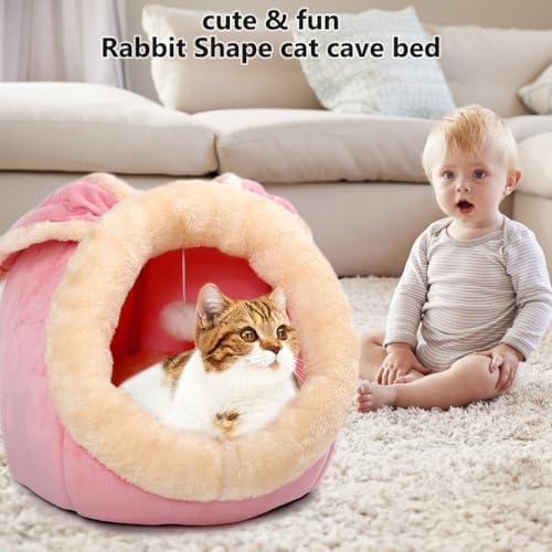 Cat Beds for Indoor Cats-Rabbit-Shaped Cat Cave Bed with Hanging Toy,Pink L