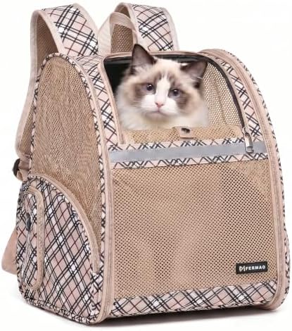 Cat Backpack Carrier for Small Dogs and Medium cat Puppy Kitten Bunny Pet Carrier Backpack Collapsible with Fully Ventilated Mesh with Safety Leash (Khaki, 12.9" L x 10.62" W x 15.5" H - M)