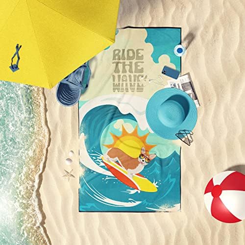 Caroline's Treasures MLM1287TWL3060 Surfer Dog Red Pembroke Corgi Premium Beach Towel Oversized Towel Beach Blanket, Pool, Beach Essentials, Yoga, Premium Bath Towel, Quick Dry Plush