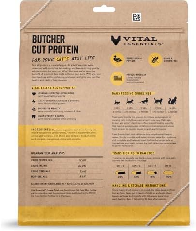 Vital Essentials Freeze Dried Cat Food, Duck Mini Patties, 15 oz Bag