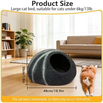Felted Wool Cat Cave Merino Wool Cat Bed for Indoor Round Cave (Black)