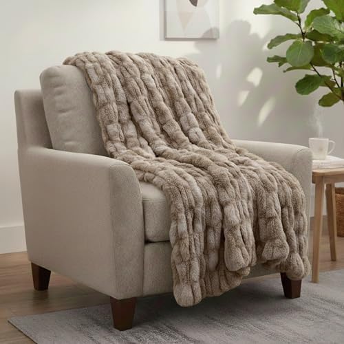 Lavish Home Oversized Ruched Faux Fur Blanket, Taupe, 60” x 80”