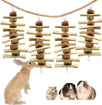 kathson 4 Pcs Bunny Chew Toys for Teeth,Rabbit Hanging Chew Toy Grinding Natural Sweet Bamboo Sticks with Timothy Hay Grass and Carrot Cake for Improve Rodent Small Animals Dental Health