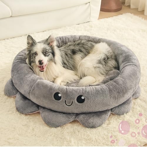 Jiupety Cute Calming Dog Beds Clearance for Large and Extra Dogs, Anxiety Bolster Dog Bed with Octopus Shape, Grey, XL, Boho, Round Pet Bed Cat with Removable Cushion