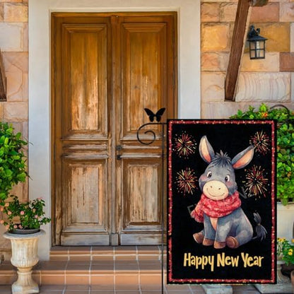 Happy New Year Garden Flag 12x18 Double Sided Vertical Linen Small Fireworks Donkey House Flag Welcome Holiday Winter House Outdoor Outside Decorations (27181)