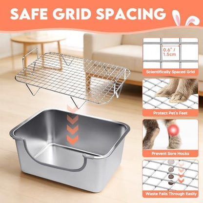 Large Stainless Steel Rabbit Litter Box with Handle - Low Entry Bunny Litter Box for Adult Guinea Pigs, Chinchillas - Includes Pee Pads, Cleaning Set & Chew Toys (15.7" x 11.8" x 5.9")