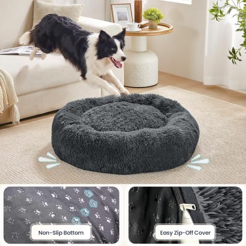 JOLLYVOGUE Calming Washable Dog Bed Medium Size Dog, 31 Inch Donut Medium Dog Bed with Removable Cover, Anti-Slip Round Fluffy Faux Fur Bed, Fits up to 45 lbs Pets, Dark Grey