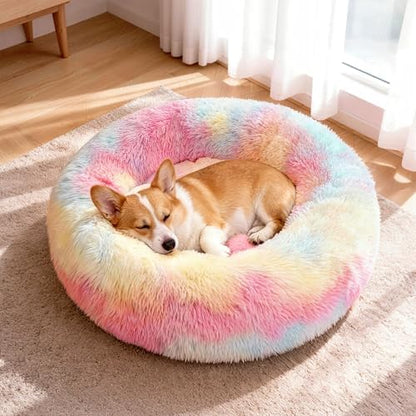 Donut Dog Bed Medium Size Dog, Round Cat Beds for Small Medium Dogs and Cats with Washable Fluffy Faux Fur, Cute Comfort Pet Bed with Anti-Slip Bottom, Rainbow, 30"