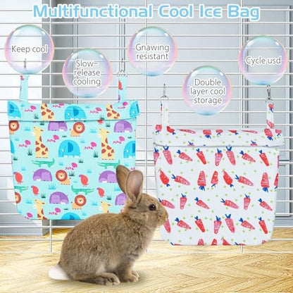 Hamiledyi Rabbit Cooling Pouch with Ice Pack - No Condensation Pad for Bunny Cage Accessories, Washable Cooling Mat for Small Animals,Ferret, Guinea Pig, Chinchilla(Carrot and Animal Pattern, 2kits)