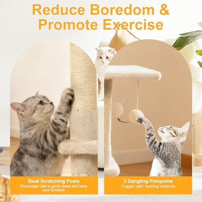 DORTALA Cat Tree for Indoor Cats, 58" Tall Cat Tower with Top Perch, Condo, Hammock, Sisal Scratching Posts, 3 Dangling Balls, Platforms, Multi-Level Pet Climbing Furniture Playground (Beige)