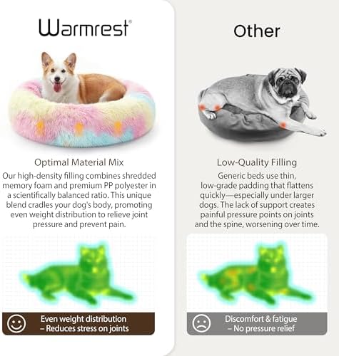 Donut Dog Bed Medium Size Dog, Round Cat Beds for Small Medium Dogs and Cats with Washable Fluffy Faux Fur, Cute Comfort Pet Bed with Anti-Slip Bottom, Rainbow, 30"