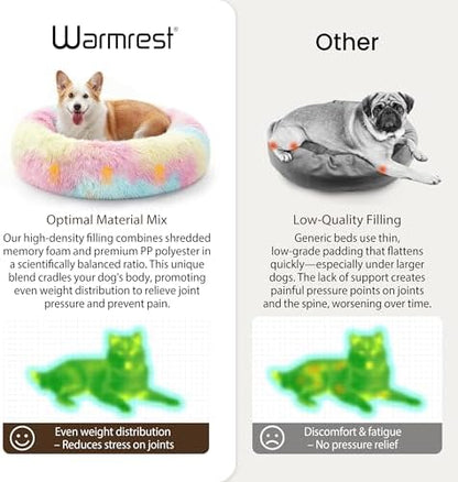 Donut Dog Bed Medium Size Dog, Round Cat Beds for Small Medium Dogs and Cats with Washable Fluffy Faux Fur, Cute Comfort Pet Bed with Anti-Slip Bottom, Rainbow, 30"