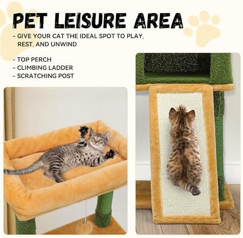 DWVO Cactus Cat Tree for Large Cats: 60" Tall with Self-Grooming Brush, Cute Kitten Climbing Tower for Indoor Kittens with Cat Condo, Top Perch, Basktet, Sisal Scratching Posts, Dangling Ball