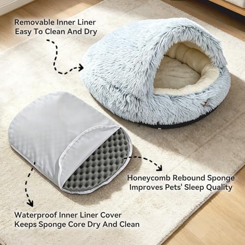 YooxArmor Round Covered Cat Bed Cave Dog Bed for Small Medium Pets,Grey,S