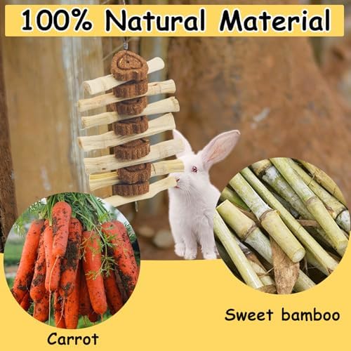 4 PCS Bunny Chew Toys for Grinding Teeth, Hanging Rabbit Snack Toy Natural Guinea Pig Sweet Bamboo Sticks Carrot Cake Small Animal Treats String for Chinchilla, Guinea Pigs, Squirrel, Gerbil