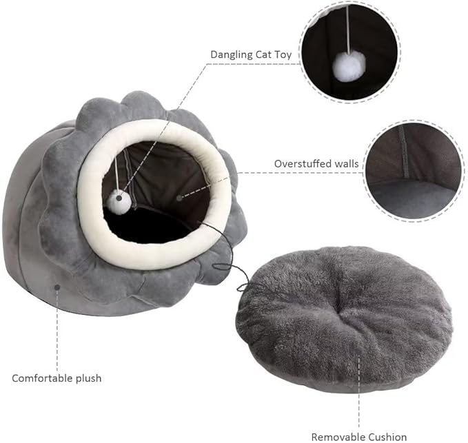 Cat Beds for Indoor Cats - Small Cat Bed with Anti-Slip Bottom, Sunflower-Shaped Cat/Dog Cave with Hanging Toy, Puppy Bed with Removable Cotton Pad, Super Soft Calming, Multiple Sizes(Grey L)