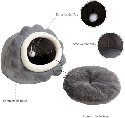 Cat Beds for Indoor Cats - Small Cat Bed with Anti-Slip Bottom, Sunflower-Shaped Cat/Dog Cave with Hanging Toy, Puppy Bed with Removable Cotton Pad, Super Soft Calming, Multiple Sizes(Grey M)