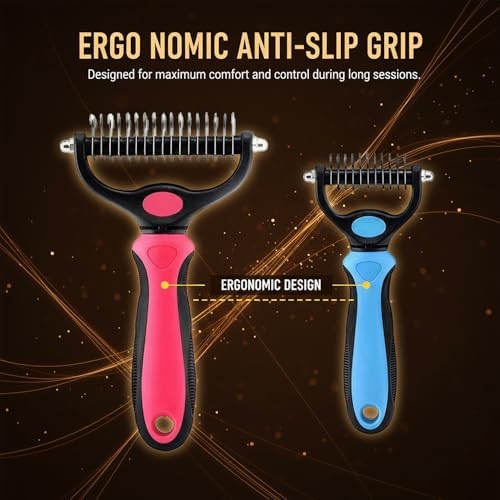 Dematting Comb for Dogs and Cats, Undercoat Rake Pet Brush for Long Hair, Deshedding Dog Brush Removes Tangles Knots and Loose Fur, Grooming Tool for Thick Coats (Blue M*2)