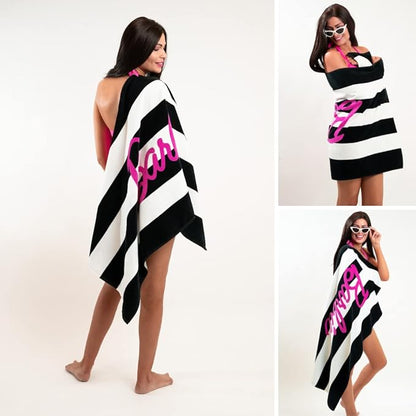 Barbie Barbiecore Black & White Striped Soft Cotton Bath/Pool/Beach Towel, 60 in x 30 in, (Official Licensed Barbie Product) by Franco