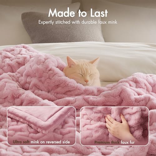 Madison Park Ruched Fur Throw Faux Fur Blanket for Sofa, 50" x 60", Pink
