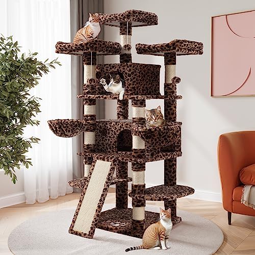 SHA CERLIN 68 Inches Multi-Level Large Cat Tree for Large Kitties/Big Cat Tower with Condo/Cozy Plush ‌Pussycat Perches/Sisal Scratching Posts and Hammocks/Activity Center/Leopard Print