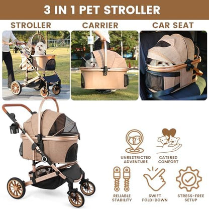 Bicystar Dog Stroller with Detachable Carrier, Rubber Wheels, 50 lbs, Tan
