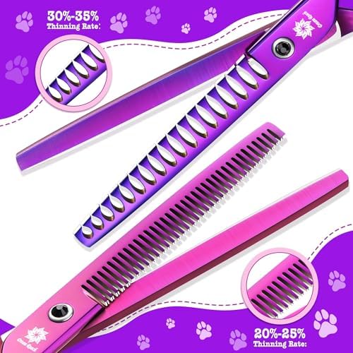 Dream Reach Dog Grooming Scissors - 7" Professional 6 in 1 Pet Scissors Sharp and Durable Shears Set Thinning, Chunker, Straight, Curved Shears and Comb for Dog Cat Pets, Purple