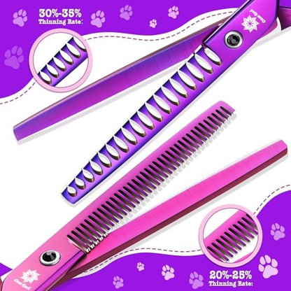 Dream Reach Dog Grooming Scissors - 7" Professional 6 in 1 Pet Scissors Sharp and Durable Shears Set Thinning, Chunker, Straight, Curved Shears and Comb for Dog Cat Pets, Purple