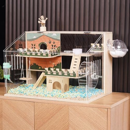 12 in 1 Large Wooden Hamster Cage with All Accessories, 24"*15.8"*15.8" 3-Layer Dwarf Hamster Cage Acrylic,Pastoral Style Mouse Cage for Pet Mice, Hedgehog, with Stairs, Fences and House