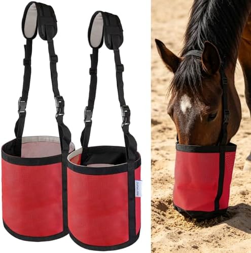 Horse Feed Bags for Grain, Breathable Muzzle Feed Bags for Horses, Universal Mesh Feedbag for Feeding Grain, Anti-Spill Design Feeder, Durable Nose Bag with Solid Bottom (Red)