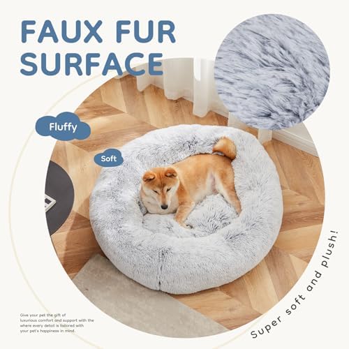 DUMOS 37.4 Inch XL Donut Dog Bed for Indoor Use, Fluffy Faux Fur Plush