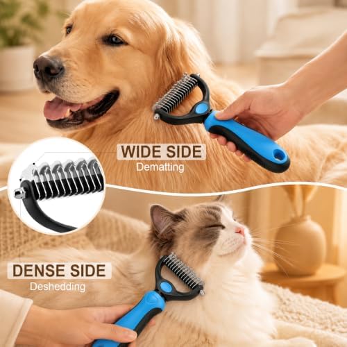 2PCS Pet Grooming Combo - Blue Deshedding Brush with Metal Comb for Detangling and Dematting Long, Matted Fur on Cats and Dogs (2PCS-Blue)