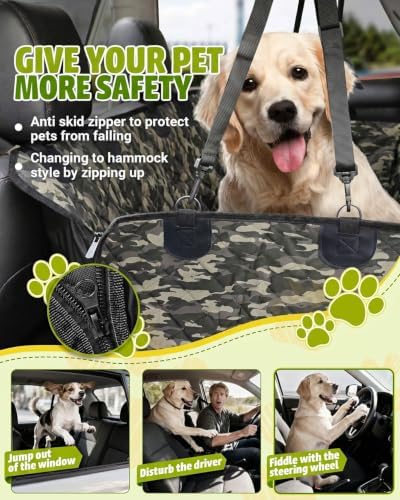 Dog Car Seat Cover, 600D Heavy Dute Car Seat Cover for Dogs Pets, 100% Waterproof Anti-Scratch Nonslip Dog Hammock for Cars, Seat Covers Protector with SeatBelt for Sedan SUV Truck Standard Camo