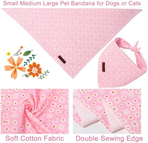 Summer Dog Bandana, UP URARA PUP Daisy Triangle Bid Scarf for Medium Large Dogs, Cotton Kerchief for Girl Boy Puppies, Cute Spring Pink Grid Bandana,S