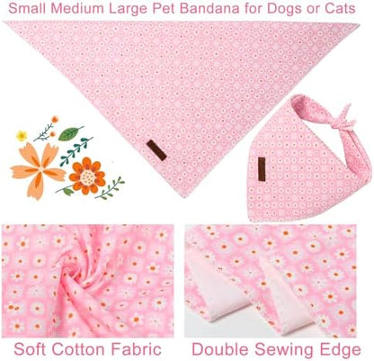 Summer Dog Bandana, UP URARA PUP Daisy Triangle Bid Scarf for Medium Large Dogs, Cotton Kerchief for Girl Boy Puppies, Cute Spring Pink Grid Bandana,S