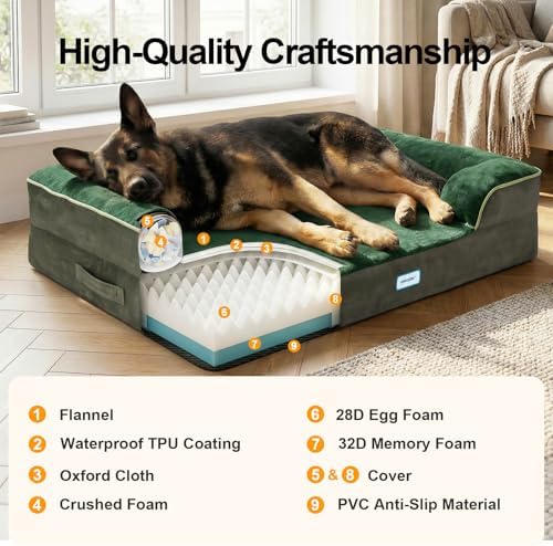 OhGeni Orthopedic Extra Large Dog Bed Couch, Memory Foam, 44-inch (Green)