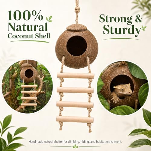 HERCOCCI Crested Gecko Tank Accessories, Reptile Hanging Plants Vines with Natural Coconut Shell Hideout & Climbing Ladder Decor for Hermit Crab Lizard Leopard Gecko Chameleon Snake Terrarium Decor