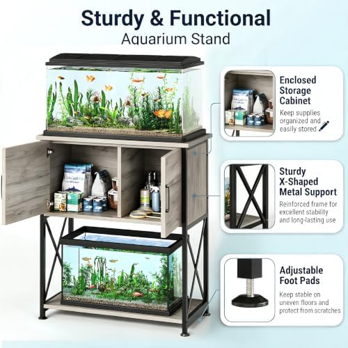 Herture 20-29 Gallon Aquarium Stand Metal Frame Fish Tank Stand with Cabinet Storage, for 20 Gallon Long Aquarium,30.7" L*16.5" W Tabletop,330LBS Capacity Grey PG01YGZ
