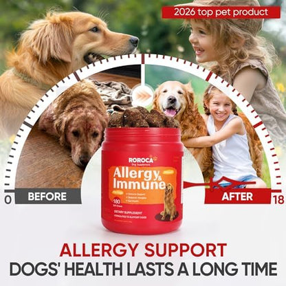 Dog Allergy Relief Chews – Anti Itch & Skin Support for Dogs, Stops Scratching, Paw Licking & Hot Spots, Probiotics for Gut & Immune Health, Chicken Flavor, 180 Soft Chews