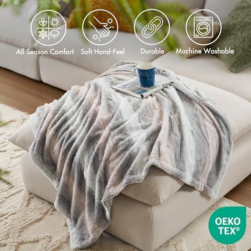 Madison Park Zuri Faux Fur Reversible Throw Blanket, 50 x 60 in, Blush/Grey