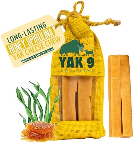 Yak9 Himalayan Yak Cheese Dog Chews, Honey & Spirulina | High Protein Treats, High Fiber, Rawhide Free, Long Lasting Treats | Medium Flavored Yak Chews, 2 PC