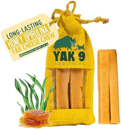 Yak9 Himalayan Yak Cheese Dog Chews, Honey & Spirulina | High Protein Treats, High Fiber, Rawhide Free, Long Lasting Treats | Medium Flavored Yak Chews, 2 PC