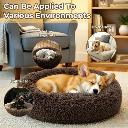 Calming Donut Dog and Cat Bed for Indoor Cats, Anti-Anxiety Round Fluffy Soft Washable Small Pet Bed for Puppy and Kitten, Warming Comfortable Luxury Anti-Slip Waterproof Mute Base 20in Coffee