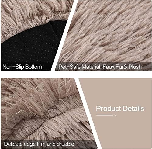Cat Beds for Indoor Cats - Cat Bed Washable 24 inches, Dog Beds for Small Medium Dogs, Anti Anxiety Round Fluffy Plush Faux Fur Cat Bed, Thick Bottom (Light Brown, Large 24" L x 24" W)