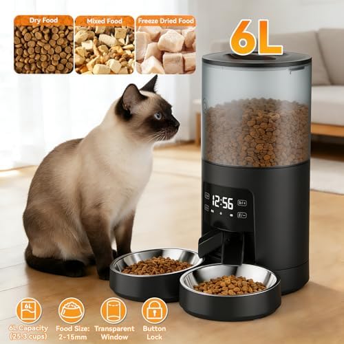 NEWBULIG Automatic Cat Feeder for 2 Pets 6L Dog Food Dispenser, Black