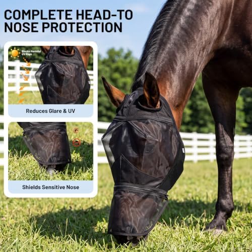 UV Fly Mask for Horses Without Ears, Removable Nose, Medium