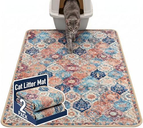 Hompet Cat Litter Mat 2 Pack, 48x60 Large Machine Washable Trapping Mats for Cats, Super Absorbent & Urine-Proof Cat Litter Box Mat for Floor, Waterproof & Non Slip Kitty Litter Rug