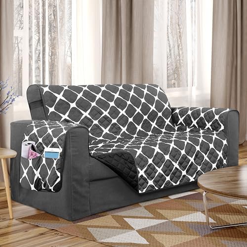 Elegant Comfort Quilted Furniture Protectors Solid and Printed Design Reversible Slipcovers Featuring Elastic Straps and Smart Pockets Great for Pets, Kids and More, Bloomingdale Loveseat, Gray/Black