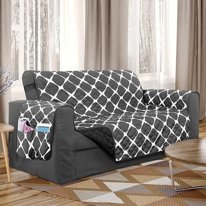 Elegant Comfort Quilted Furniture Protectors Solid and Printed Design Reversible Slipcovers Featuring Elastic Straps and Smart Pockets Great for Pets, Kids and More, Bloomingdale Loveseat, Gray/Black